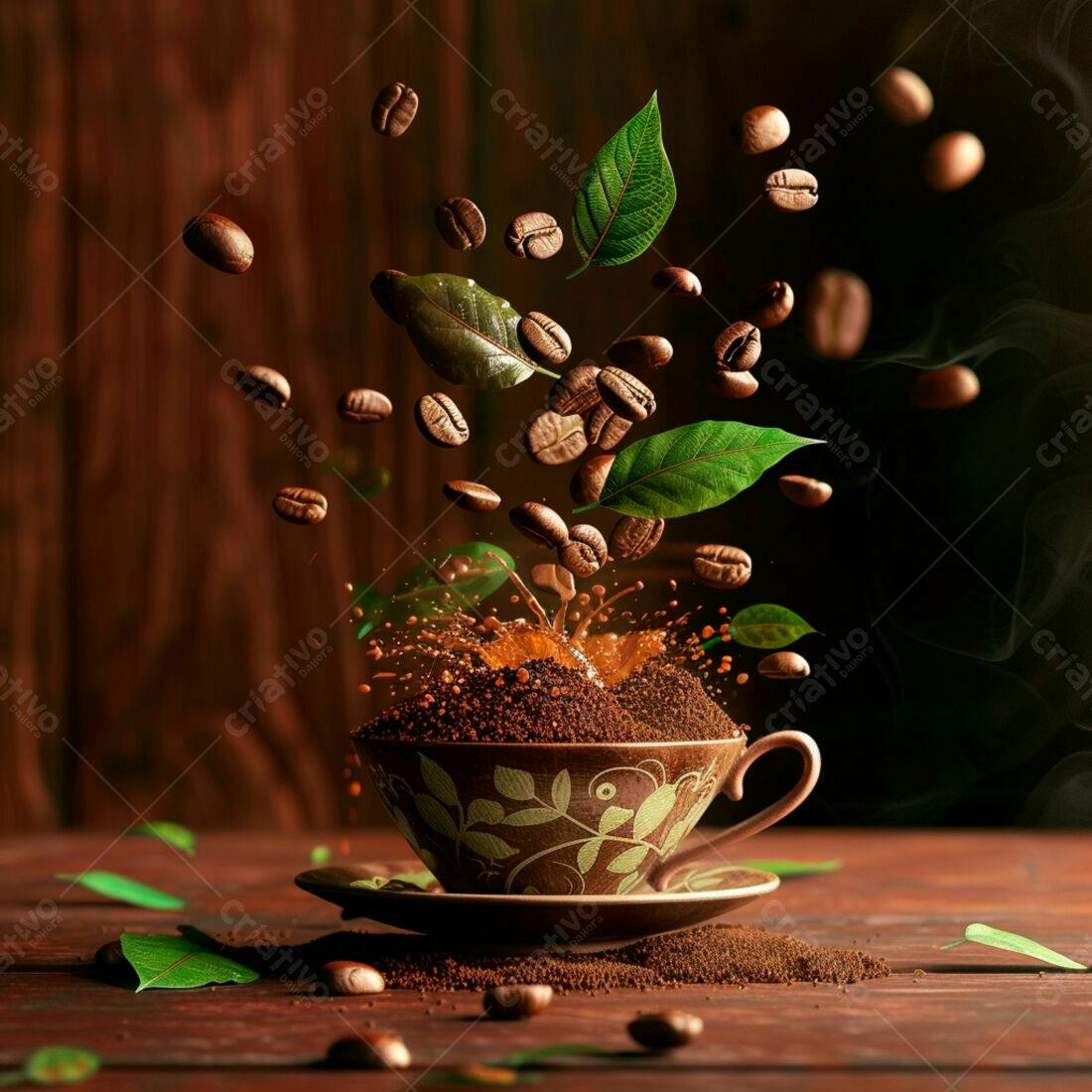 Grãos de café caindo em xícara com detalhes em verde
