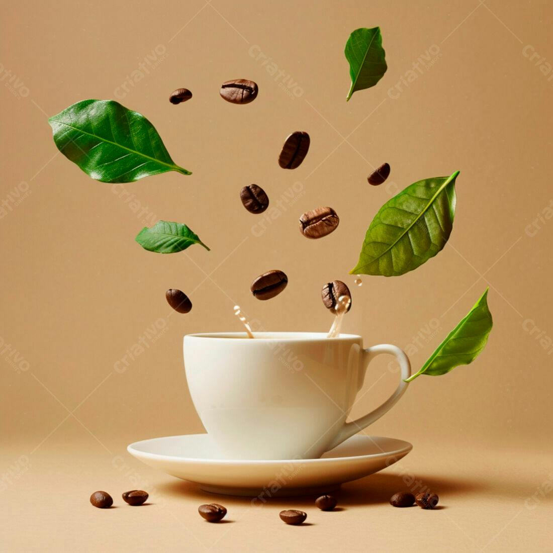 Xícara de café com grãos e folhas caindo