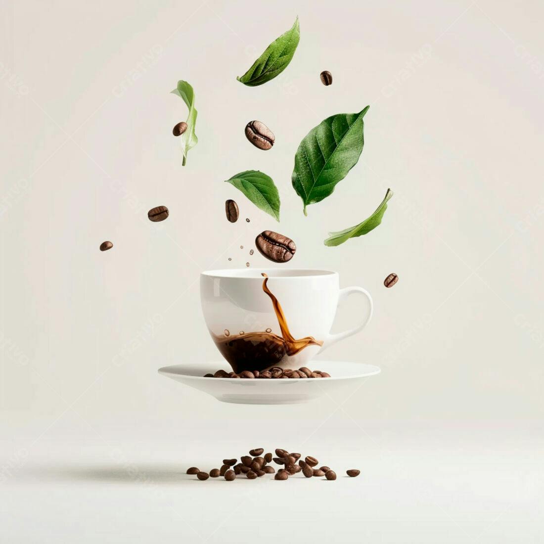 Xícara de café com grãos e folhas caindo