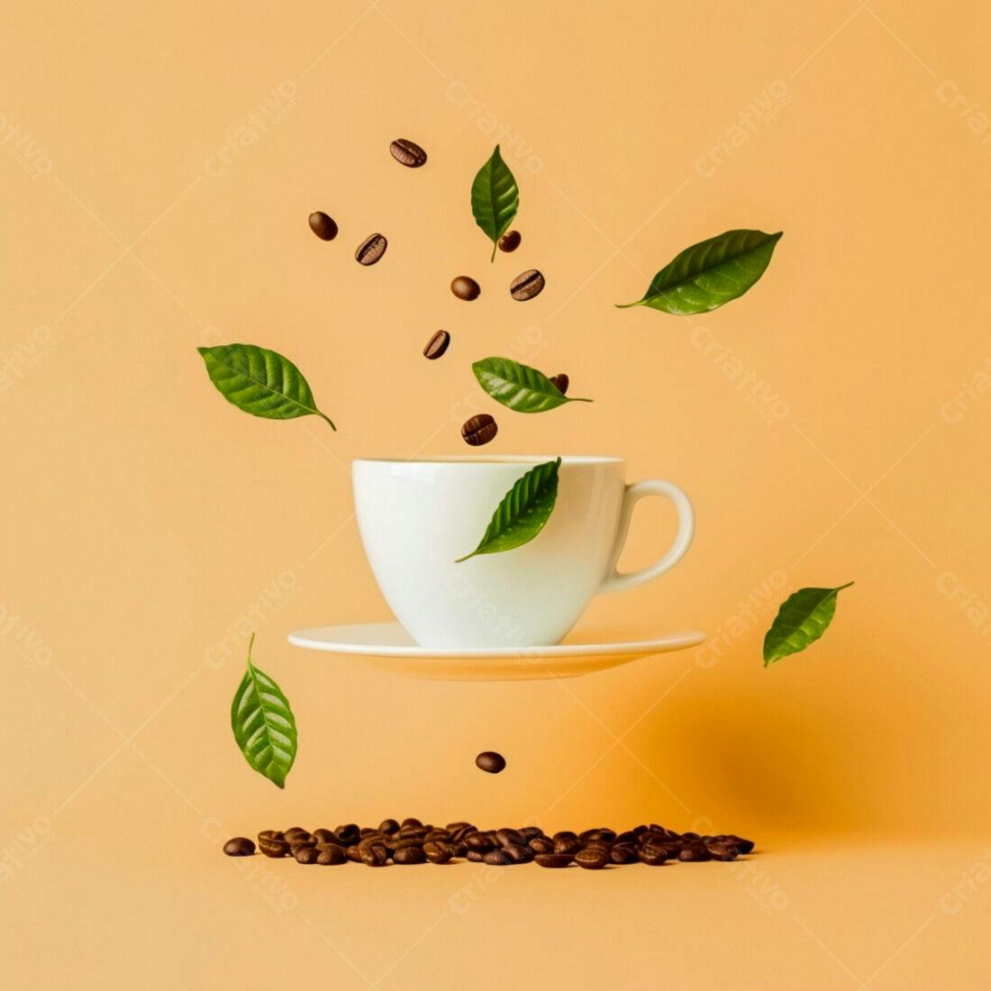 Xícara de café levitando com grãos e folhas