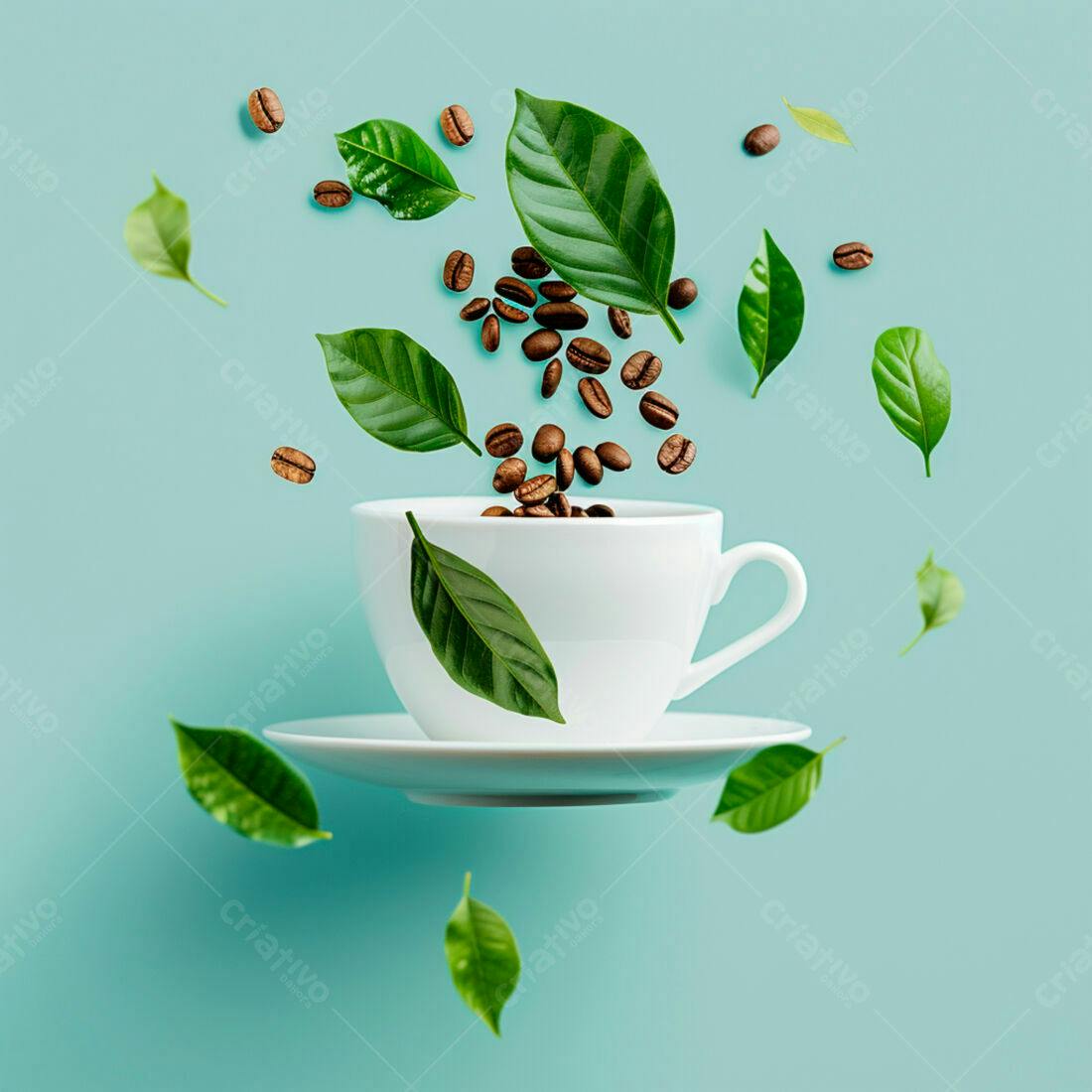 Xícara de café com grãos e folhas caindo