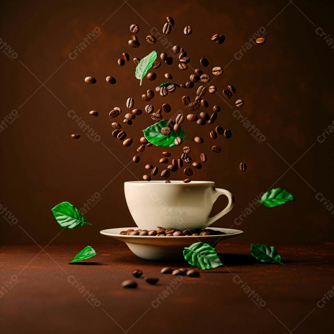 Xícara com grãos de café em queda
