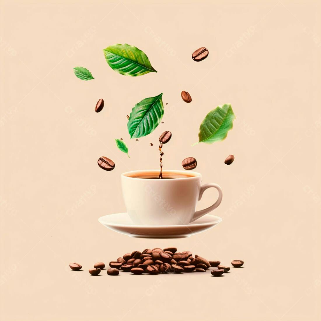 Café sendo servido com grãos e folhas