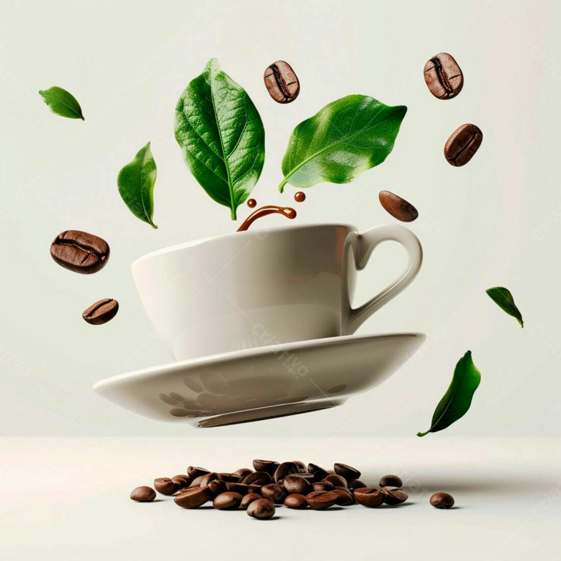 Xícara de café suspensa com grãos e folhas