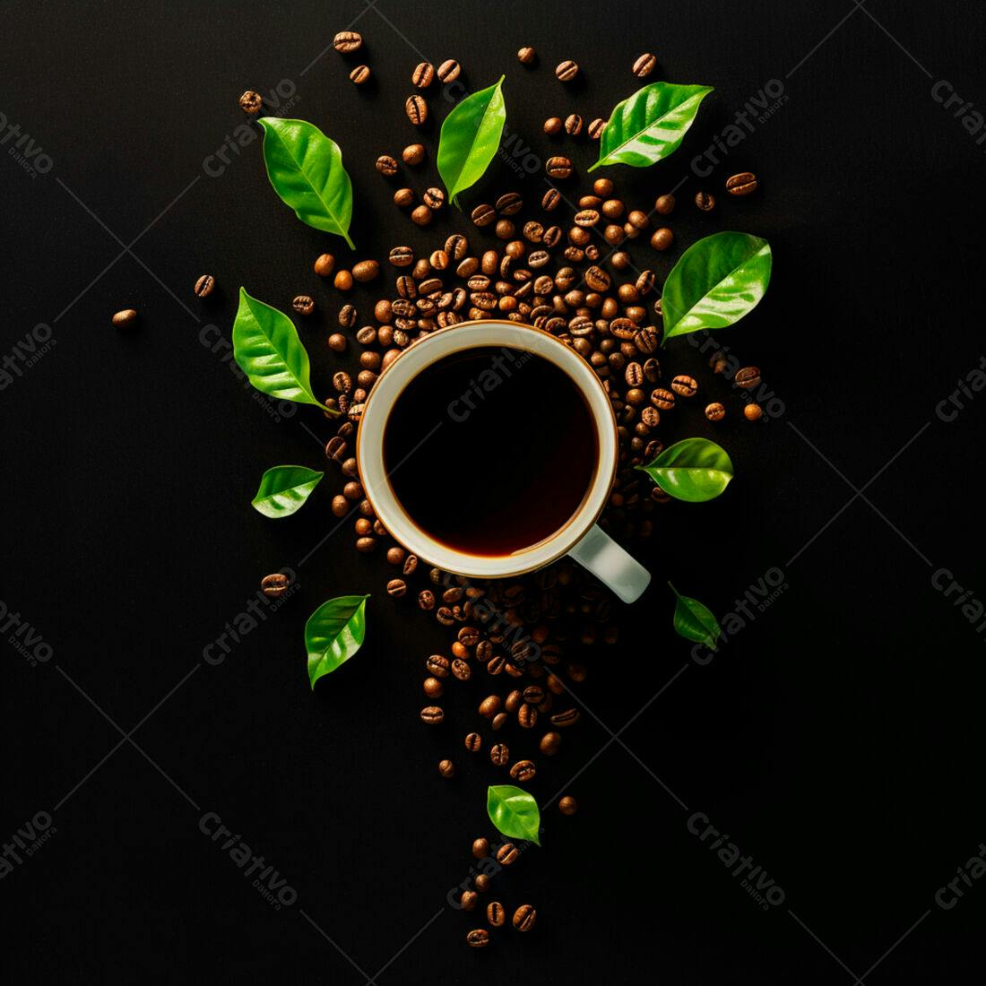 Café expresso grãos e folhas