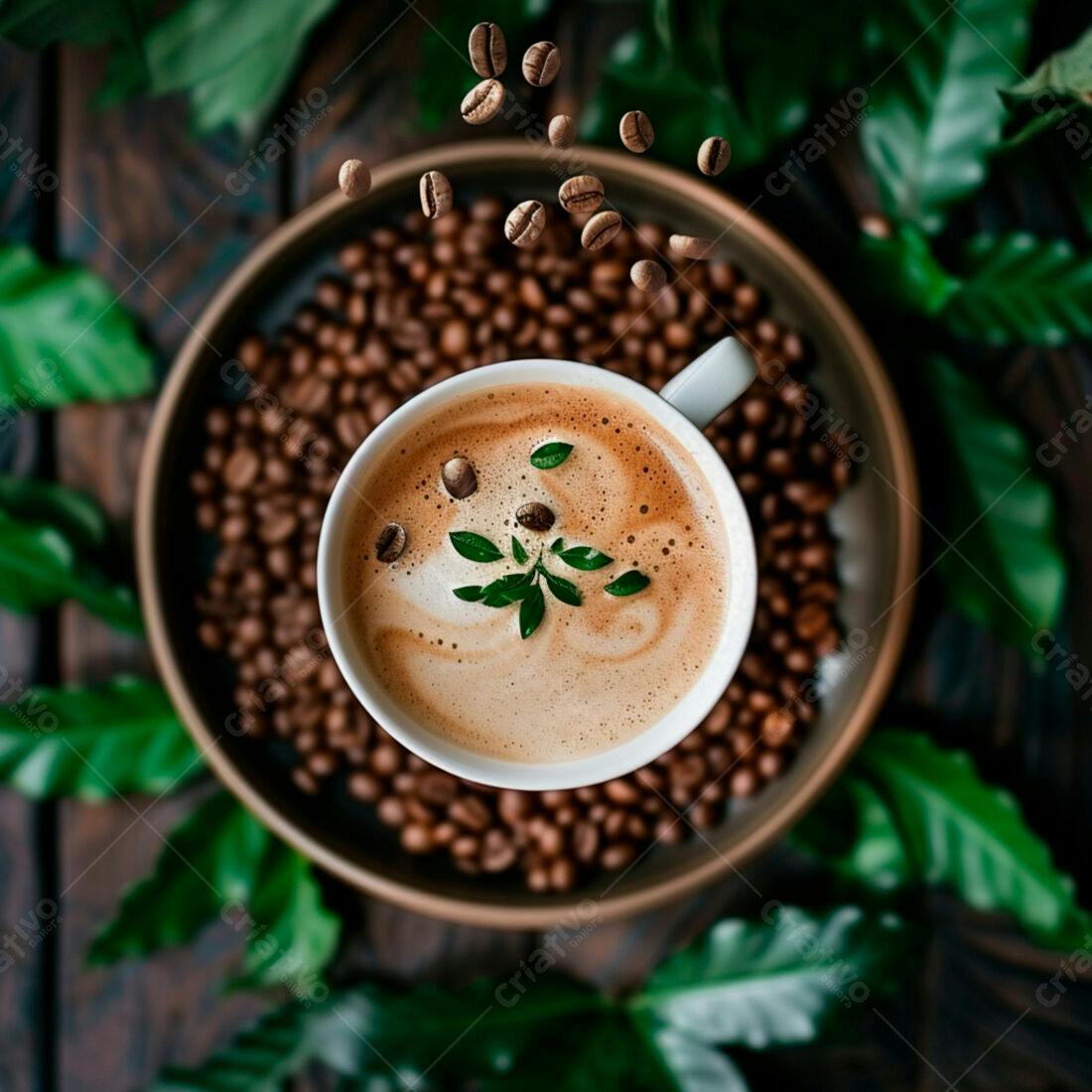 Café cremoso com grãos e folhas
