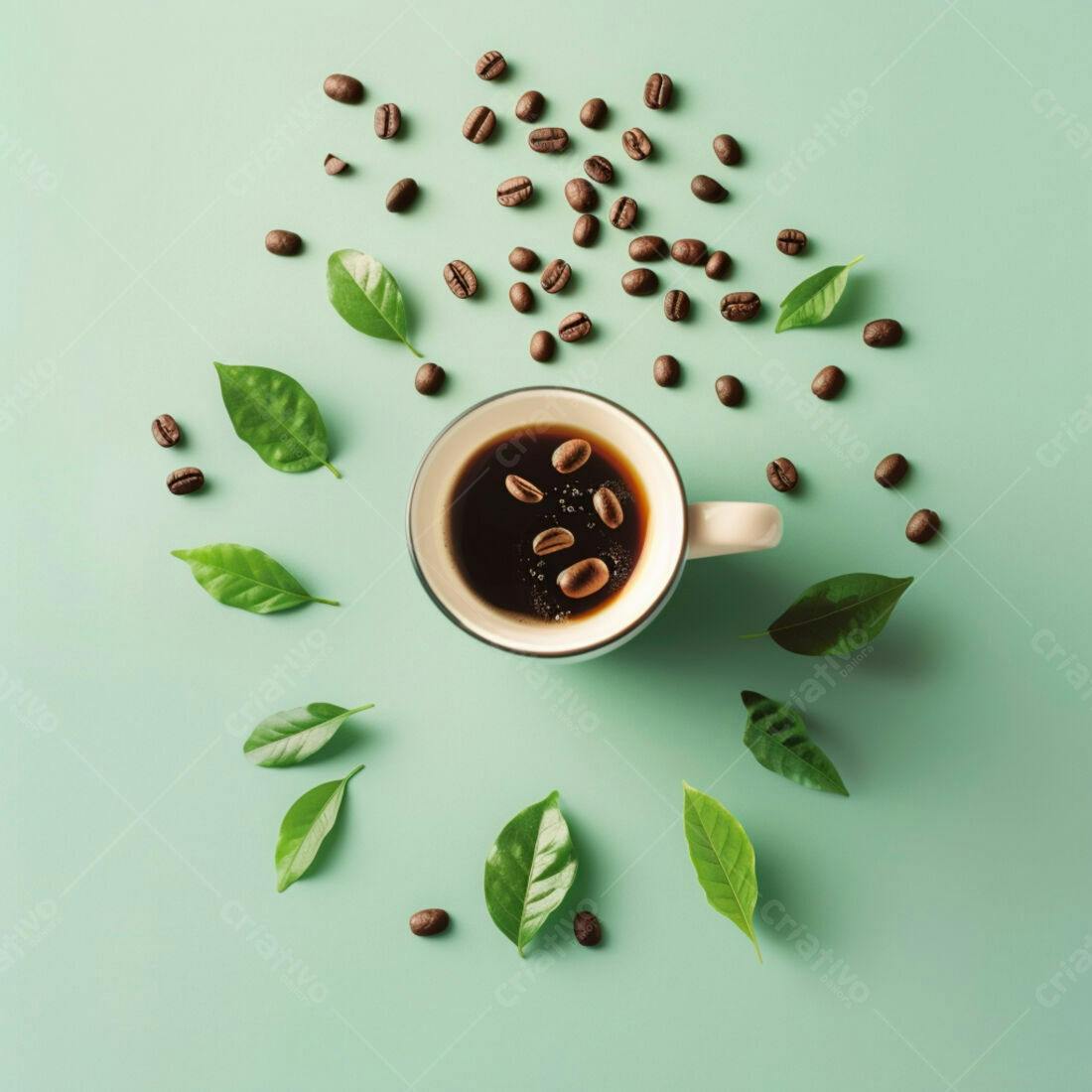 Café expresso com grãos e folhas