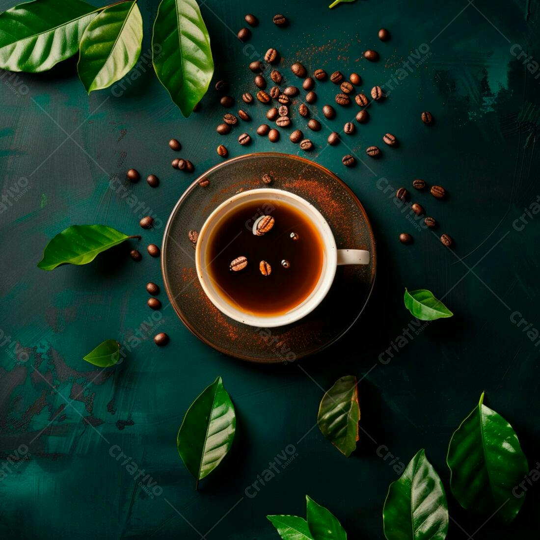 Xícara de café com grãos e folhas