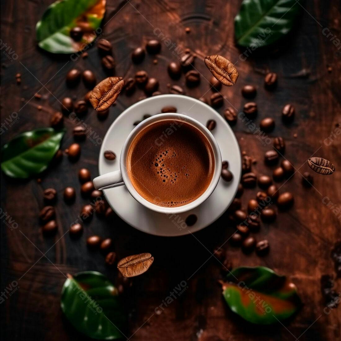 Café expresso com grãos e folhas