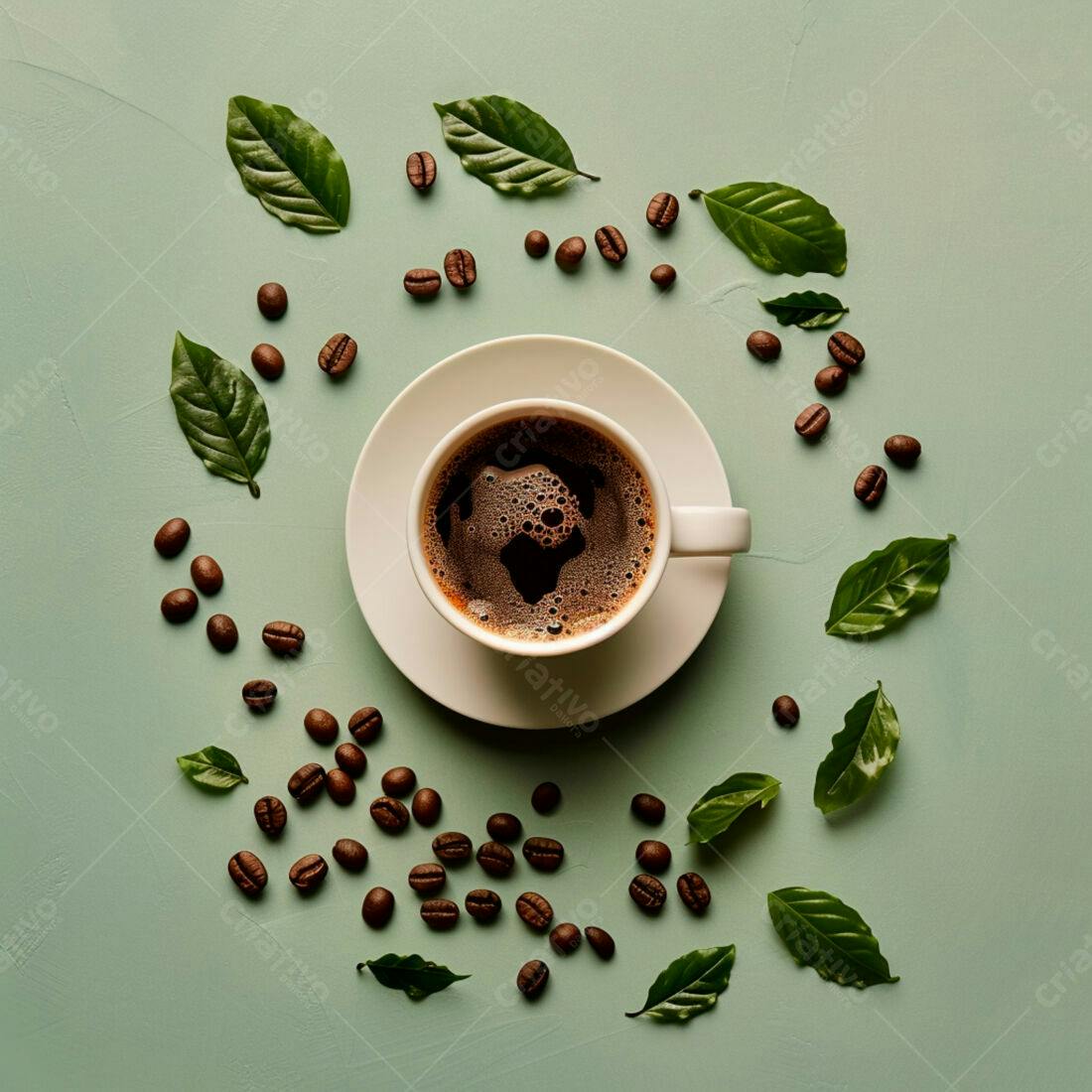 Xícara de café com grãos e folhas