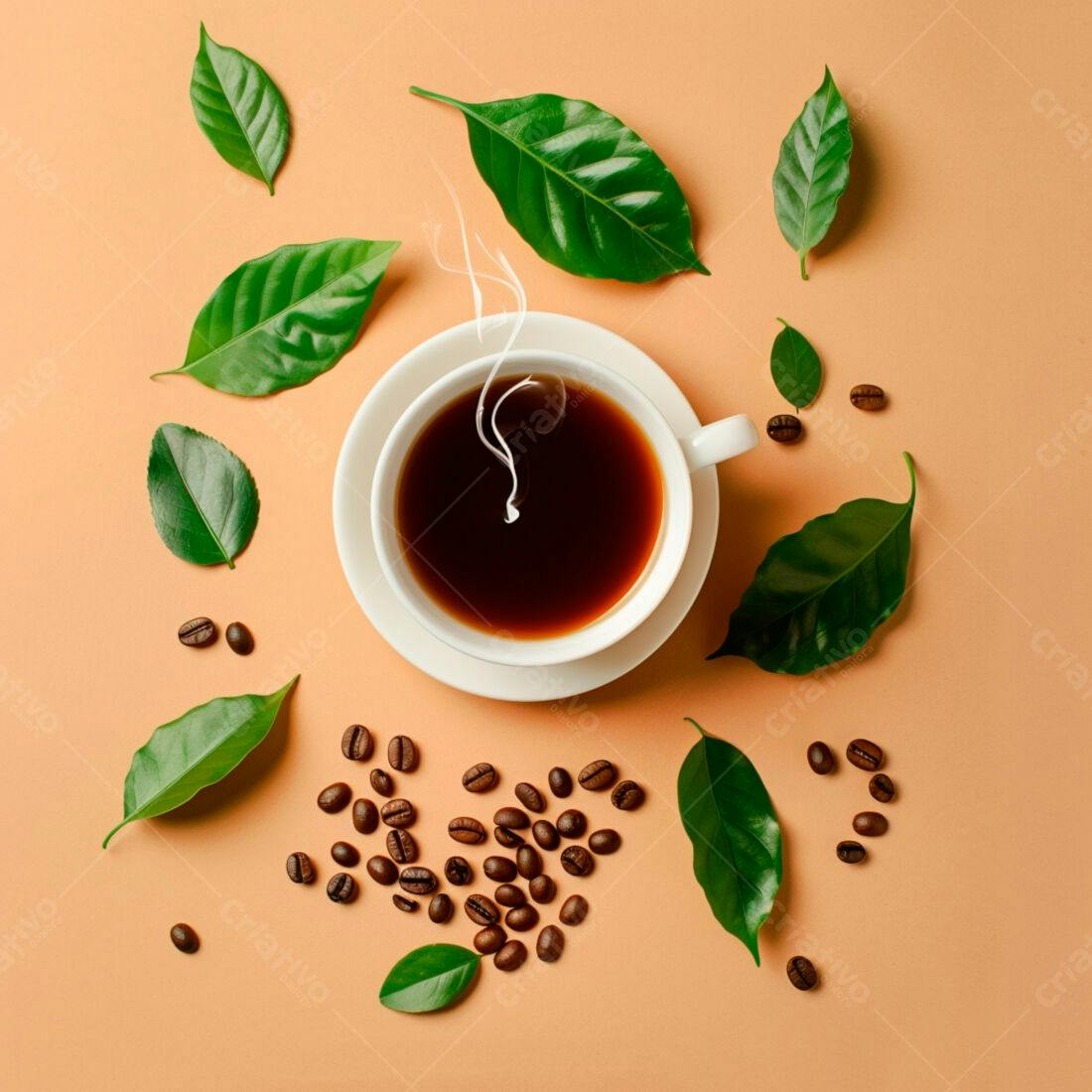 Café quente com grãos e folhas