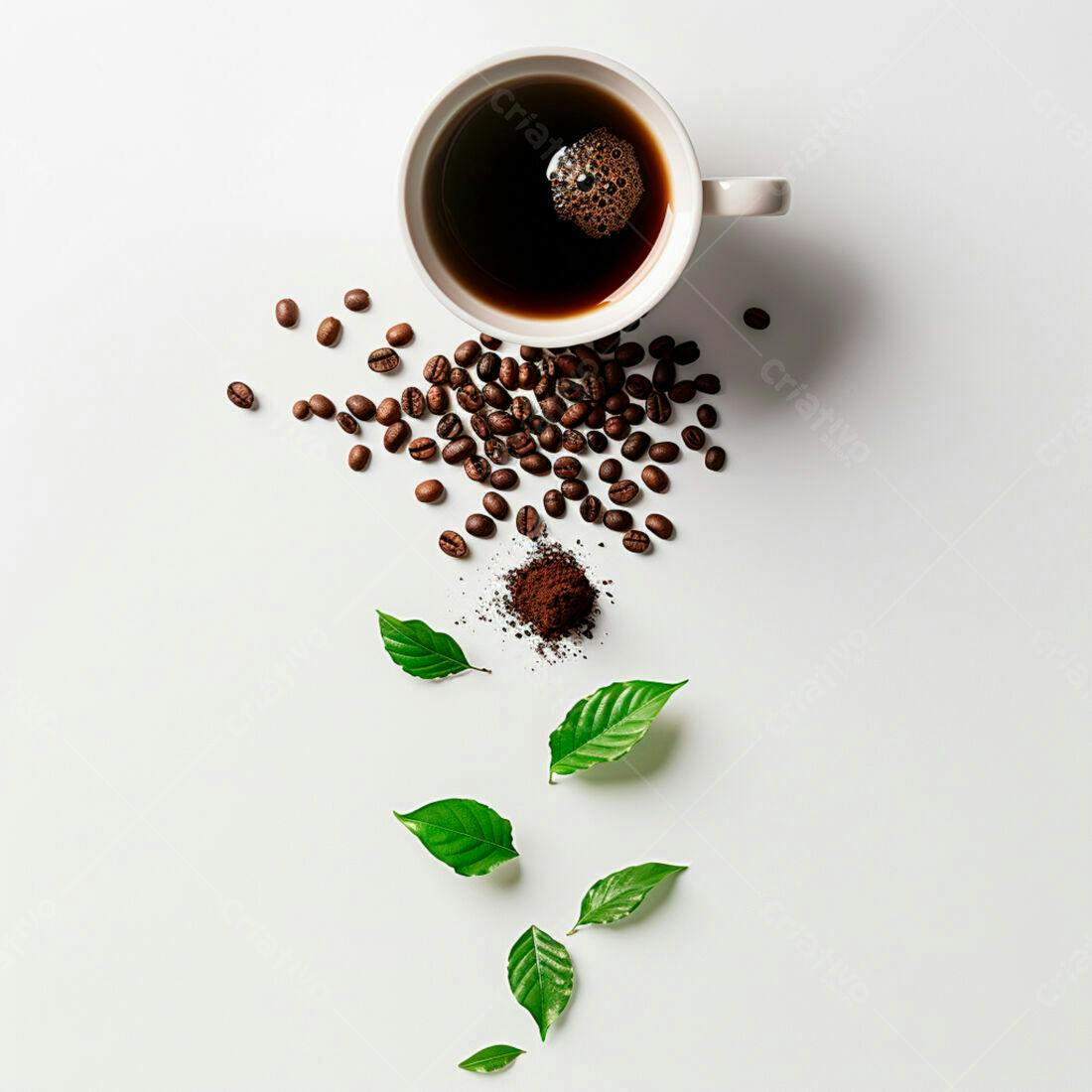 Xícara de café grãos e folhas