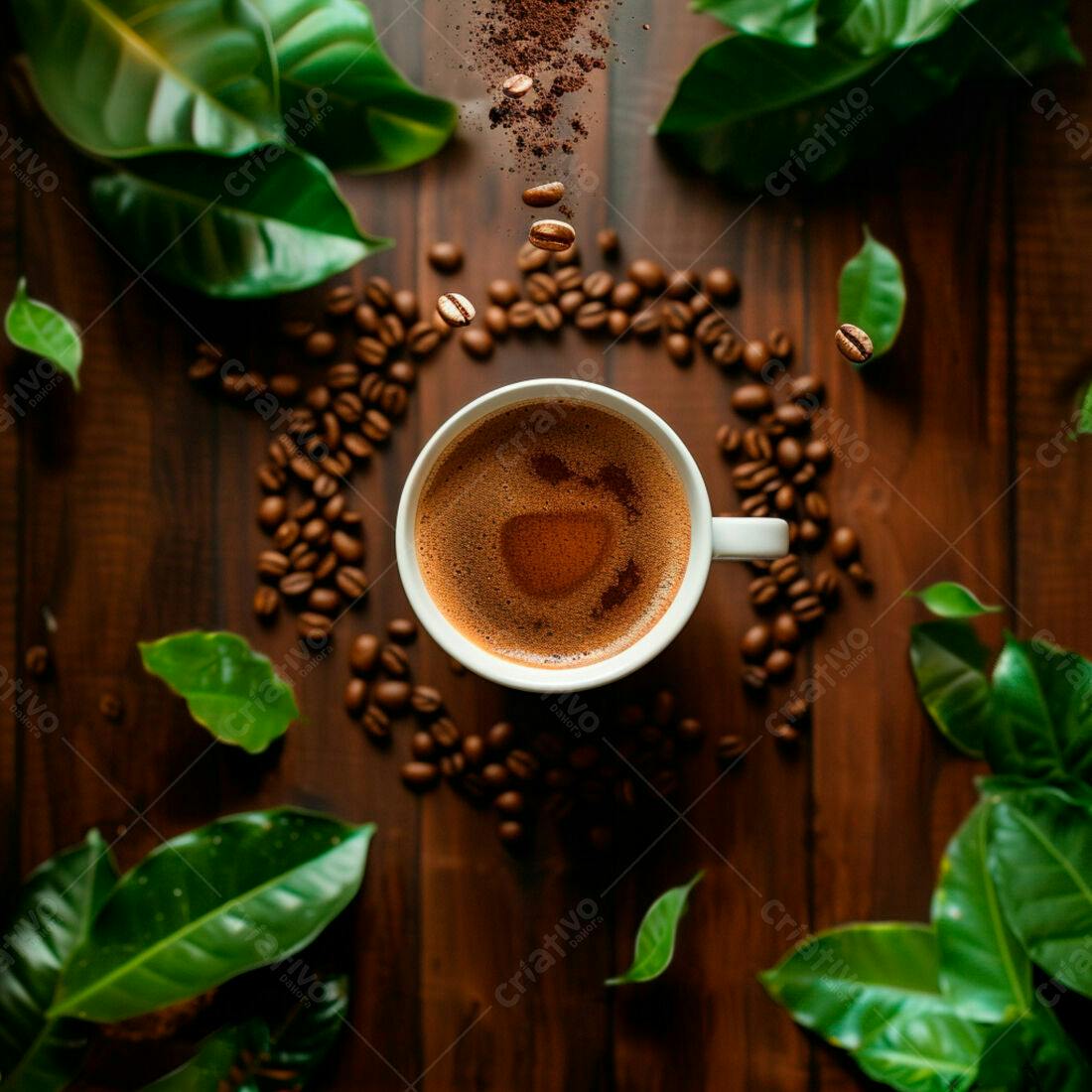 Café expresso em xícara branca com grãos e folhas