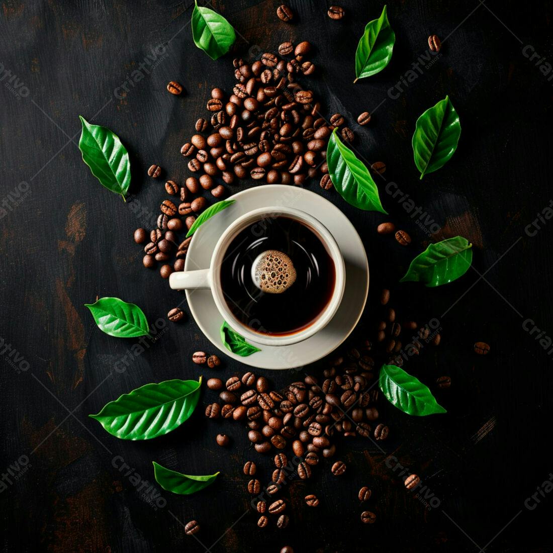 Café expresso com grãos e folhas