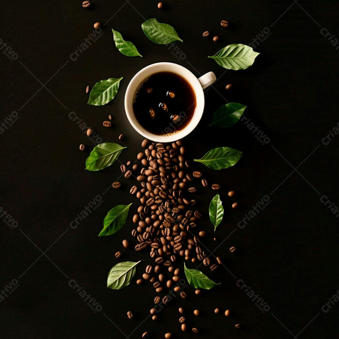 Café expresso grãos e folhas
