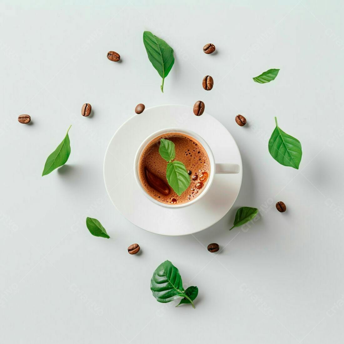 Café da manhã com folhas e grãos