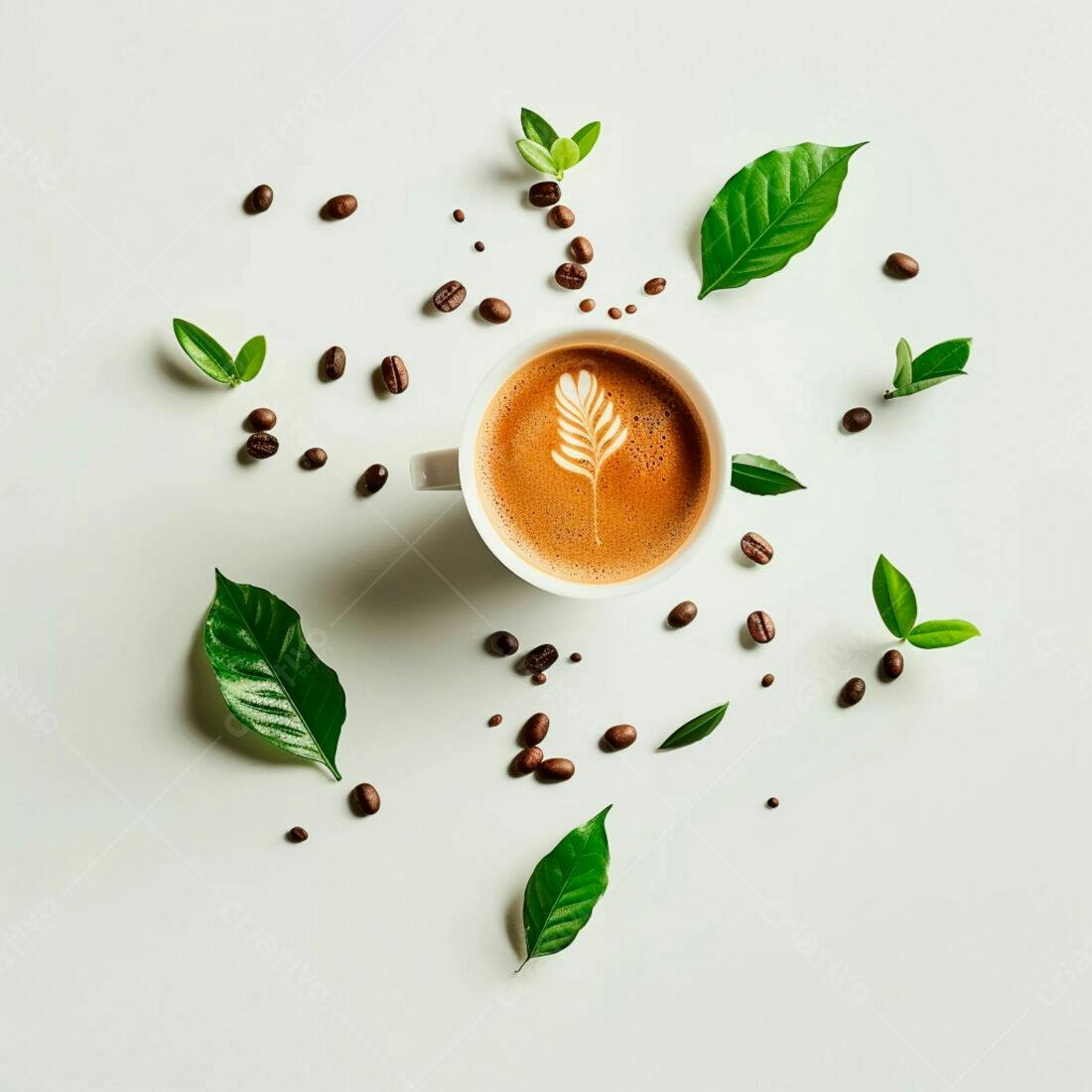 Café com arte latte e grãos de café
