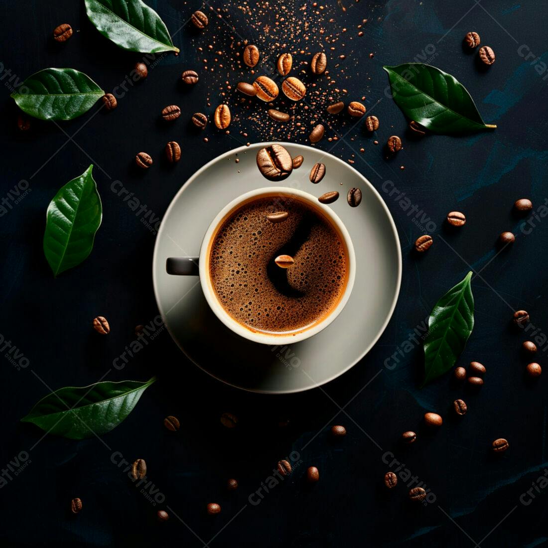 Café quentinho com grãos e folhas