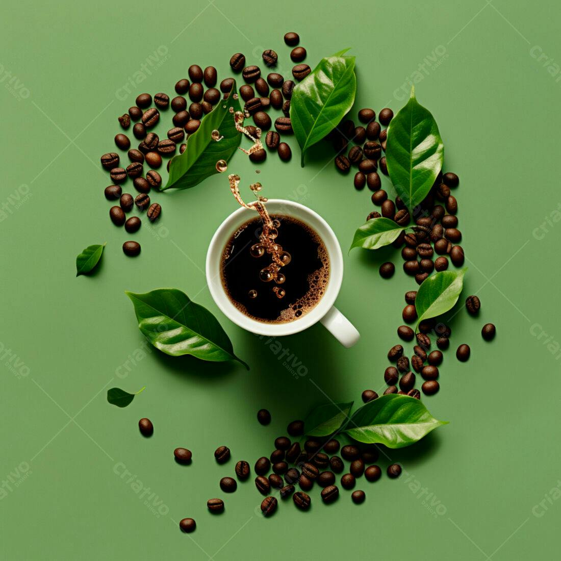 Café sendo servido grãos e folhas
