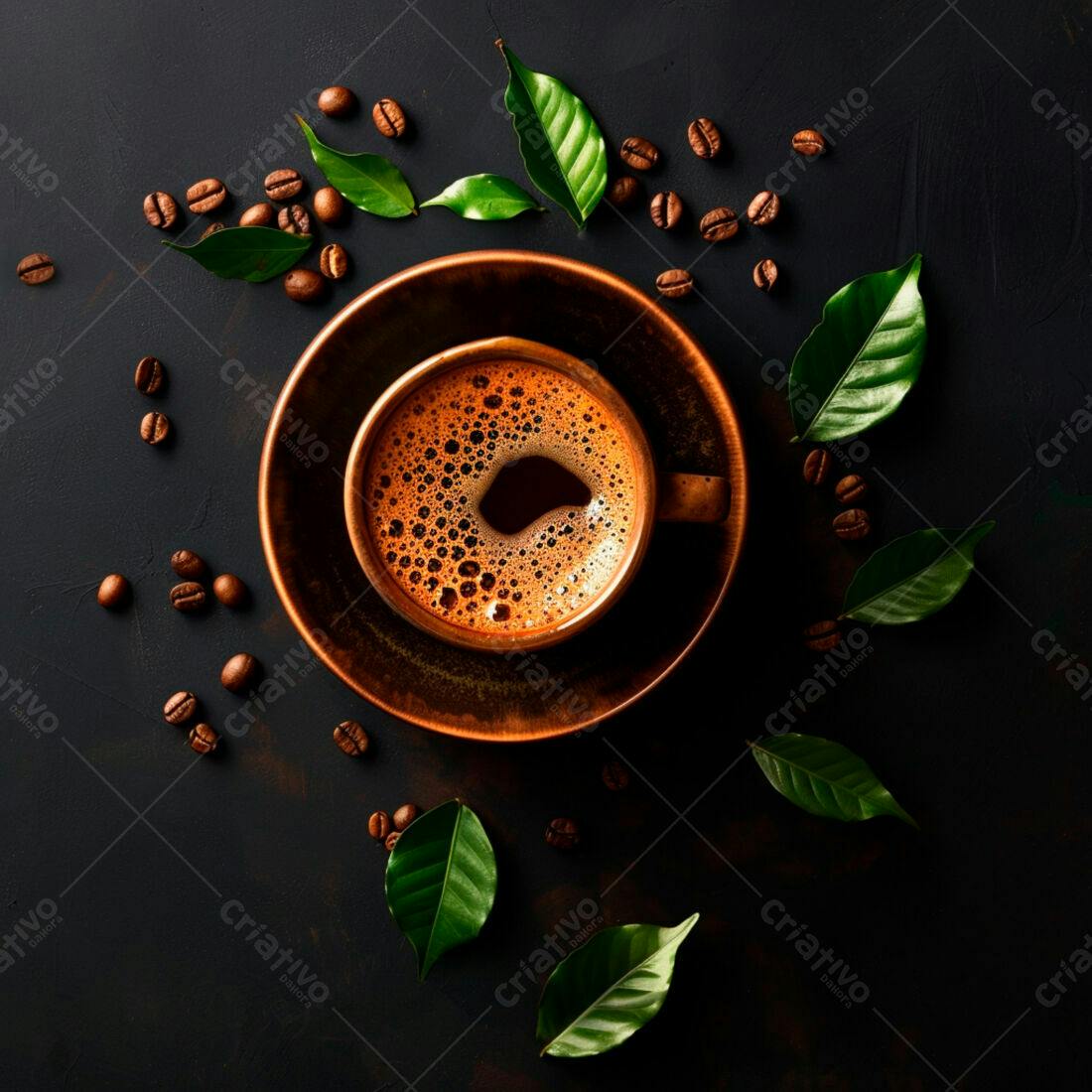 Xícara de café expresso com grãos e folhas