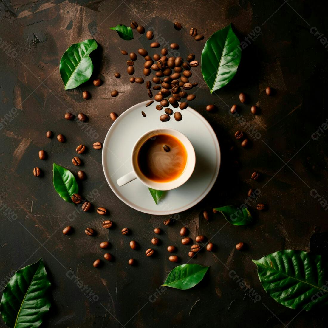 Café expresso com grãos e folhas