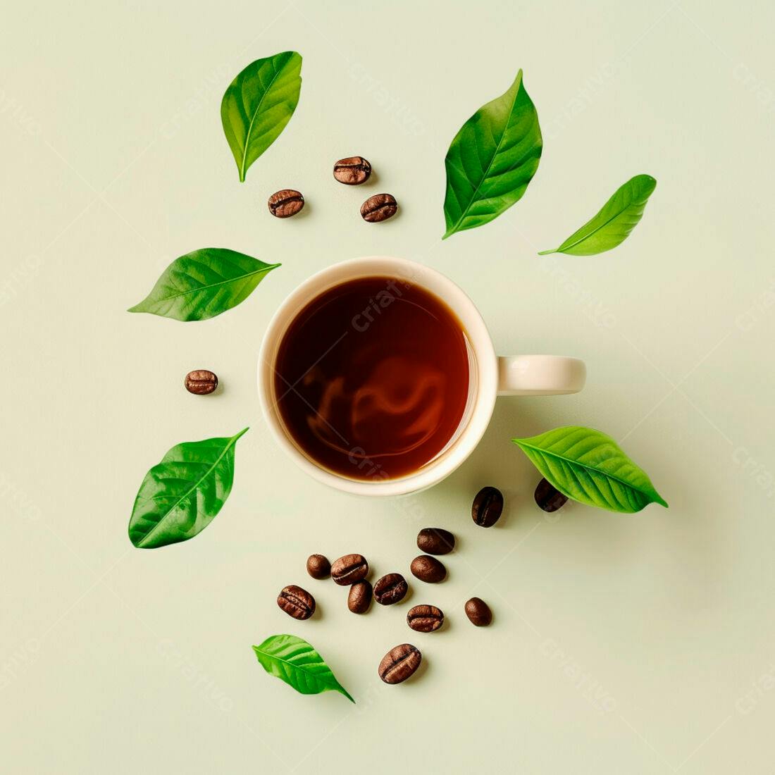 Xícara de café com grãos e folhas