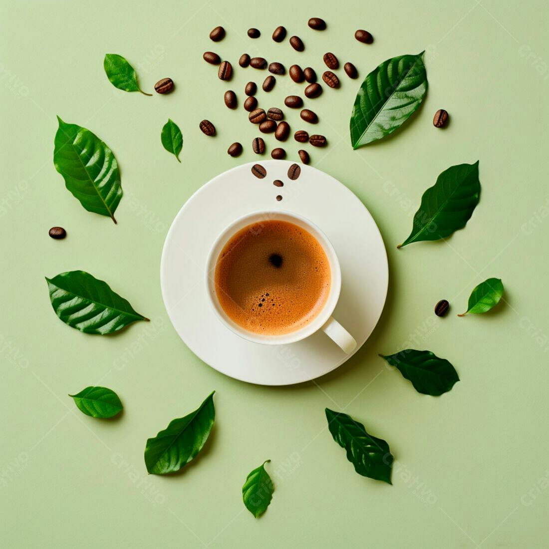 Xícara de café expresso com grãos e folhas