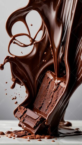 Cascata de chocolate derretido em meio a um fundo branco sereno 7
