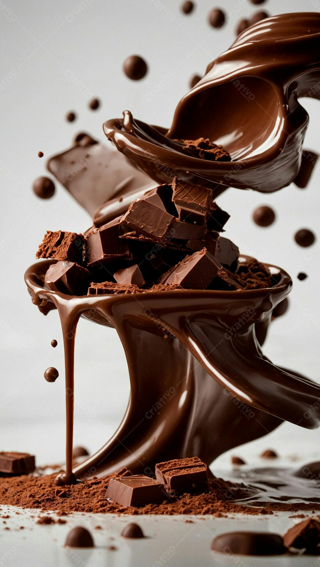 Chocolate derretendo pedaços e pó