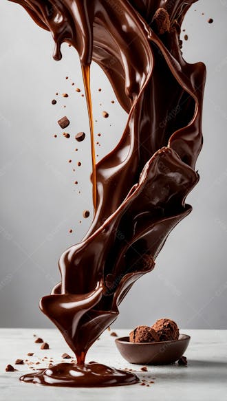 Cascata de chocolate derretido em meio a um fundo branco sereno 14