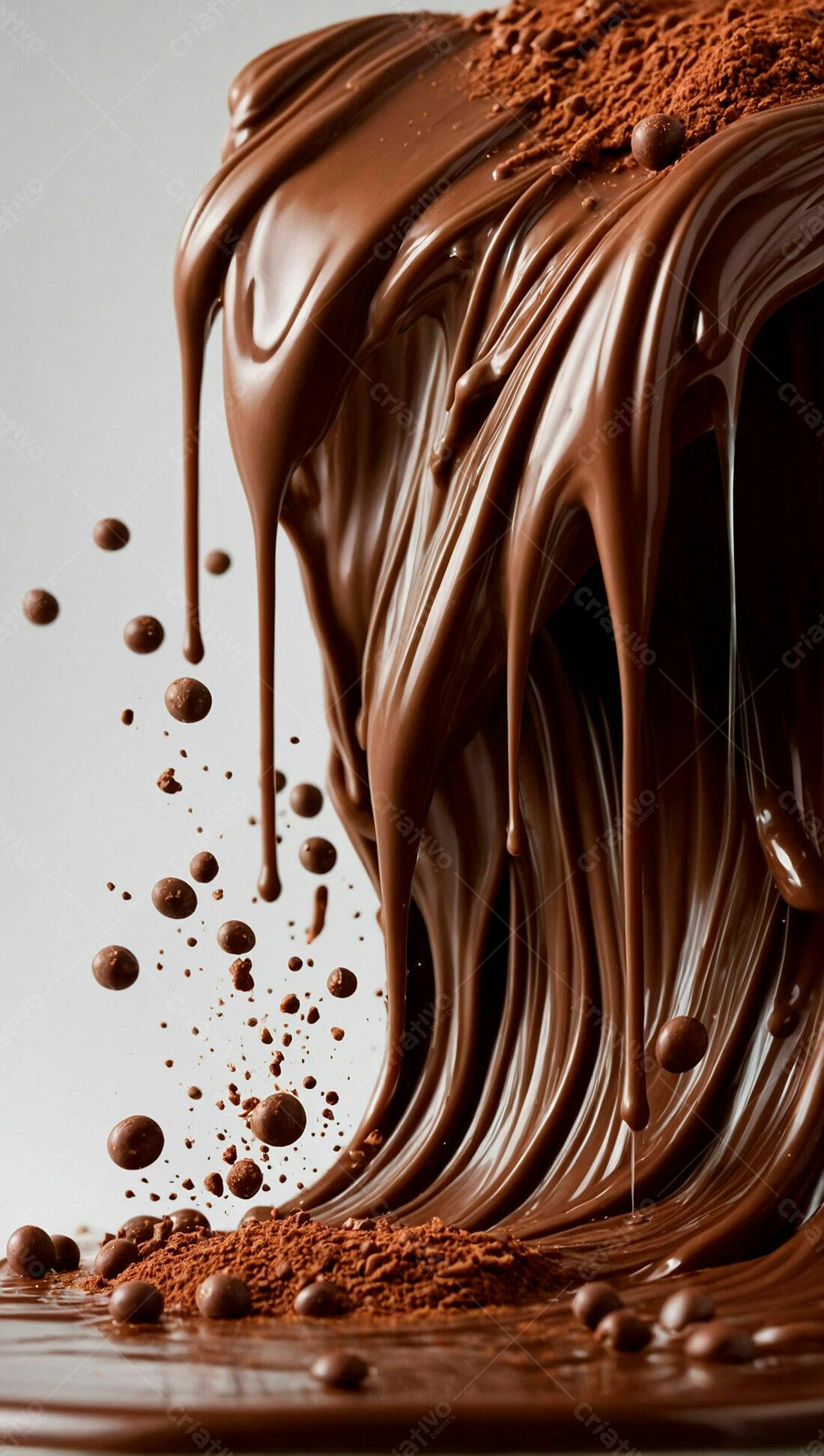 Chocolate derretendo com gotas e cacau