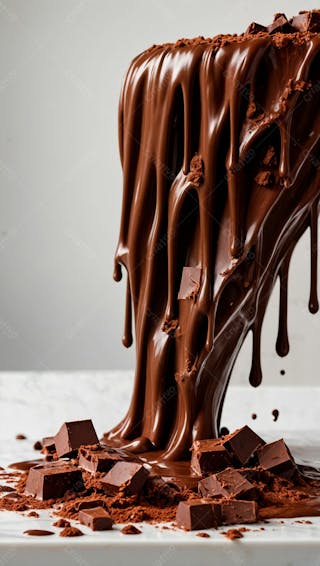 Cascata de chocolate derretido em meio a um fundo branco sereno 36