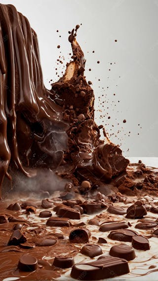 Cascata de chocolate derretido em meio a um fundo branco sereno 37
