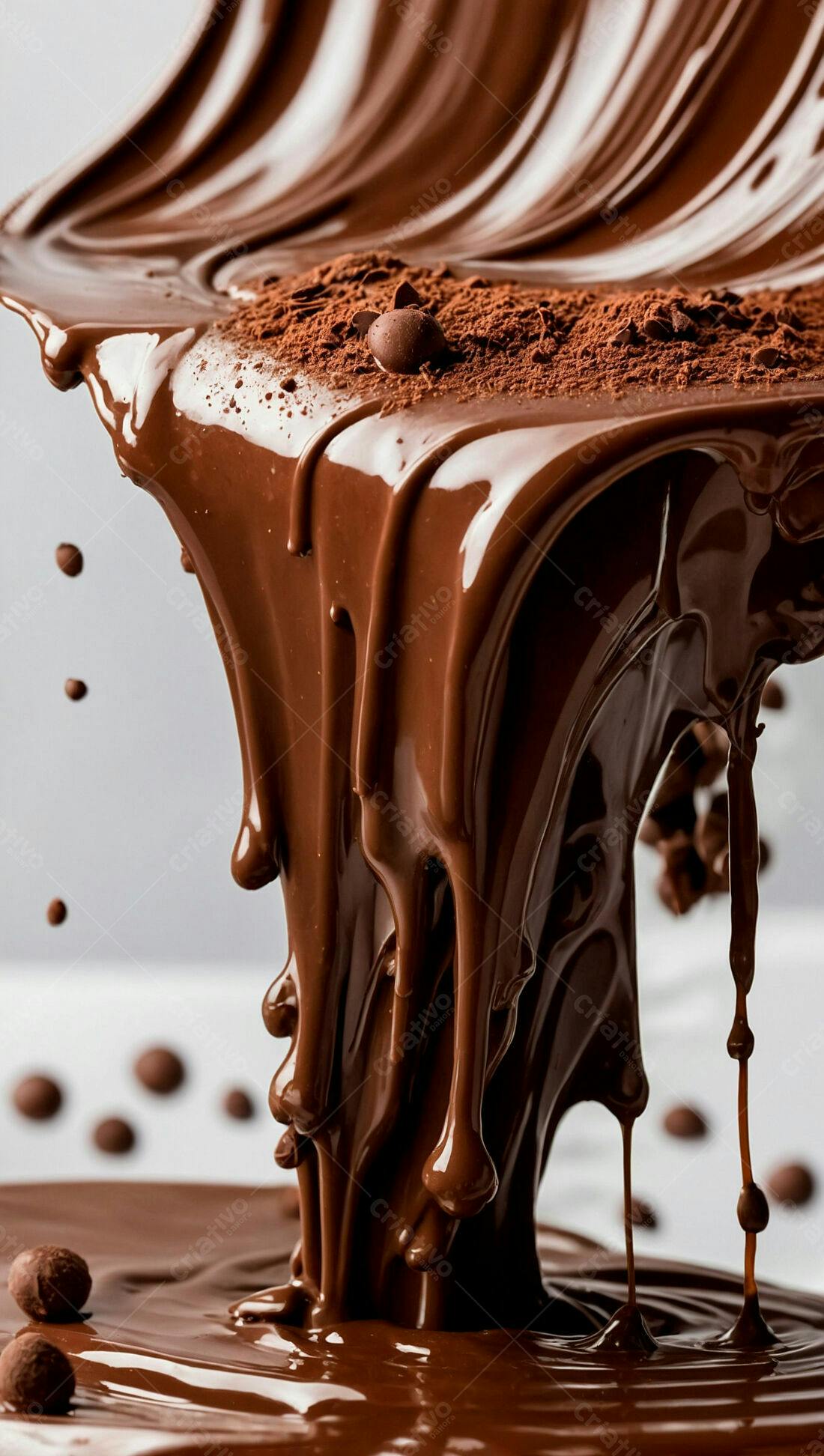 Chocolate derretendo com cacau em pó