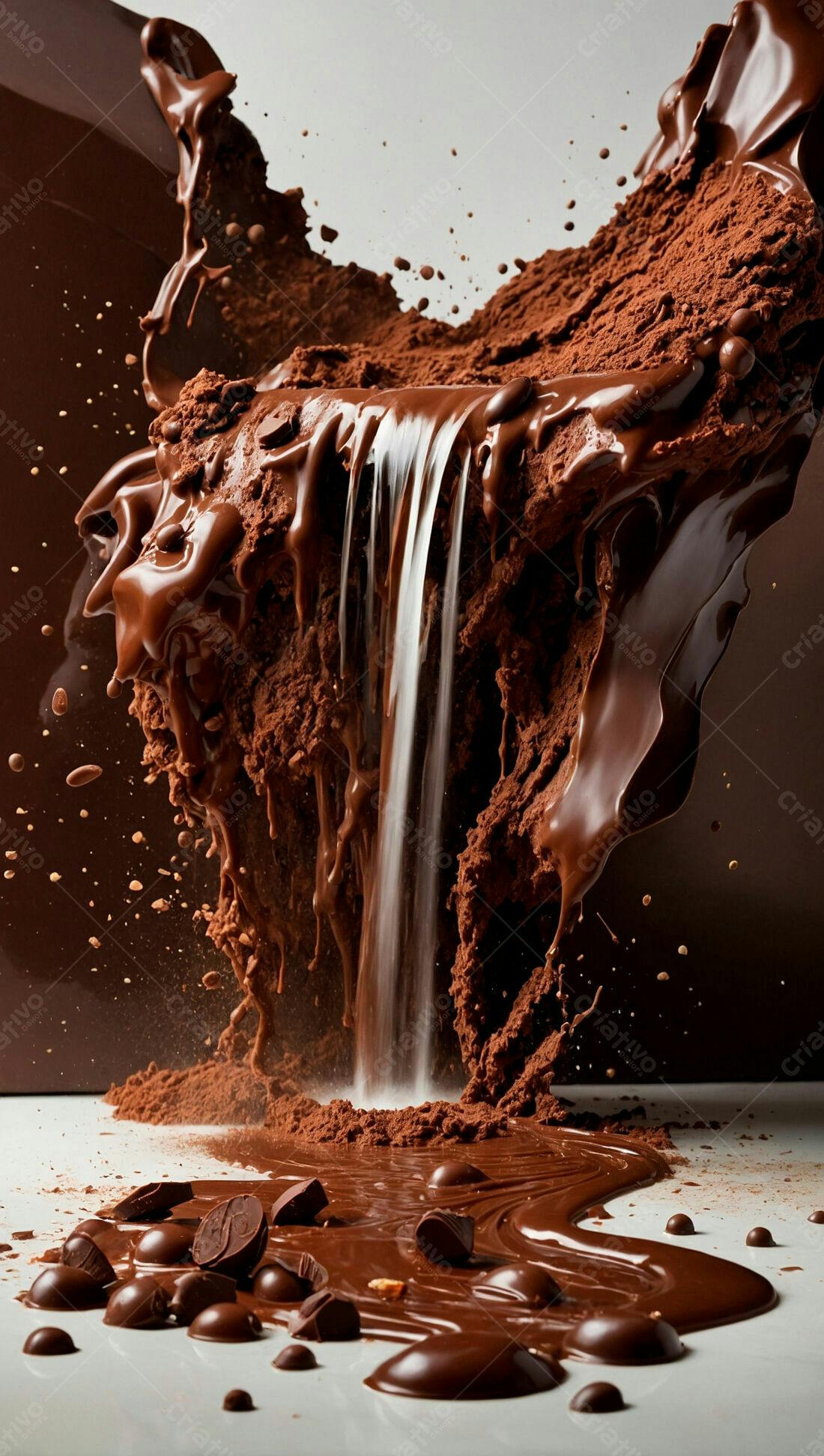 Cascata de chocolate derretido com cacau em pó