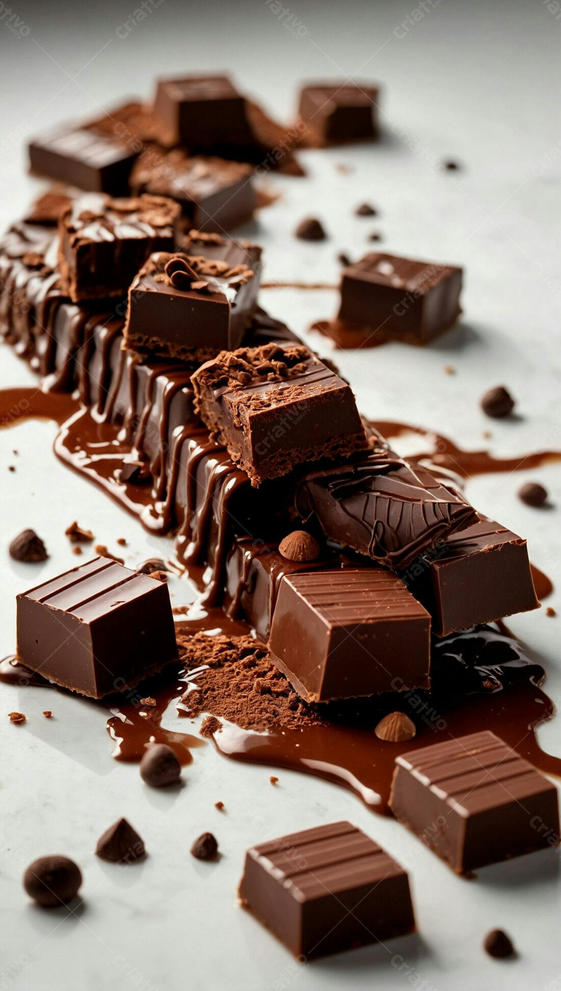 Chocolate derretido com pedaços e pó