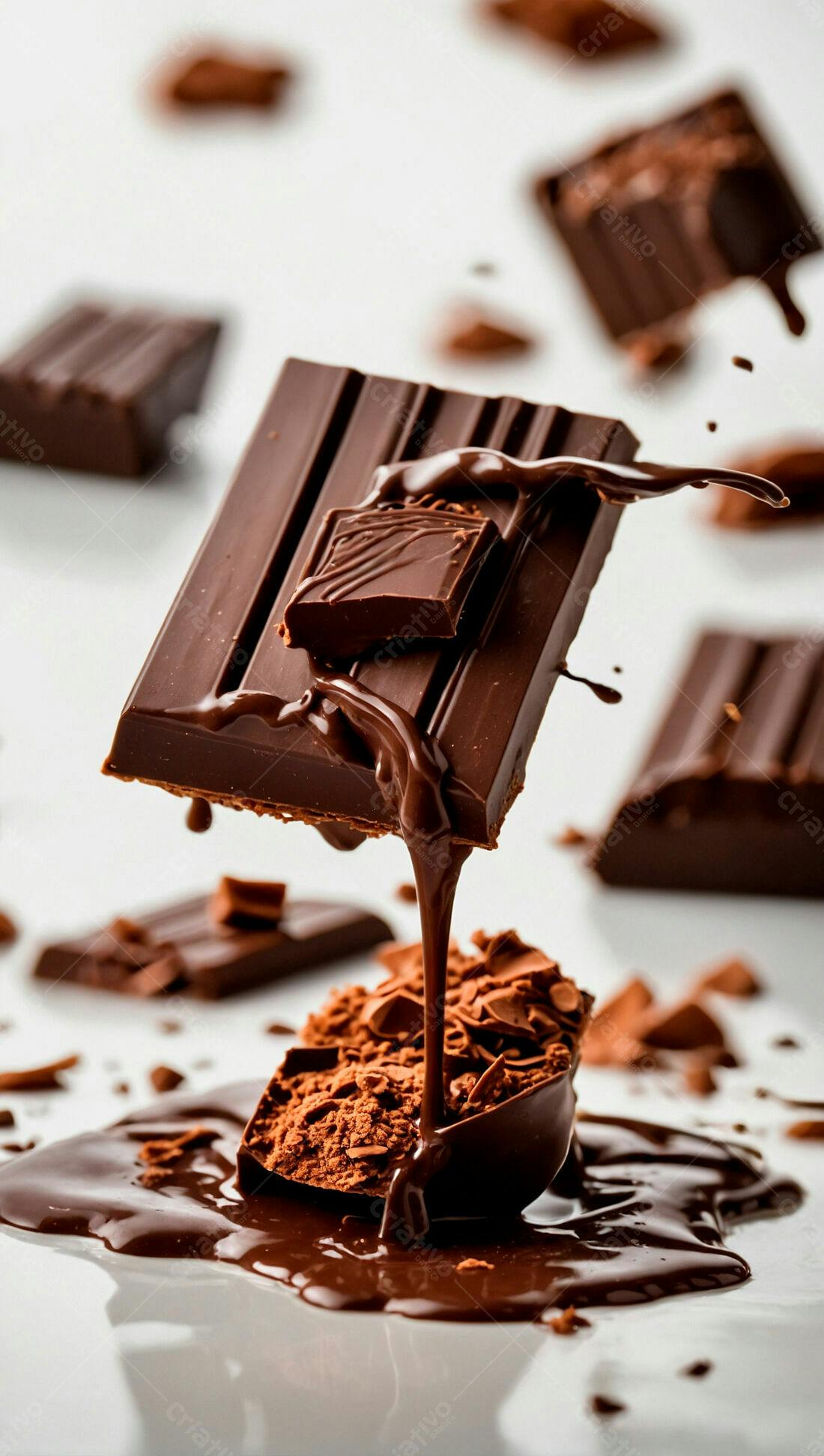 Barra de chocolate derretendo sobre chocolate em pó