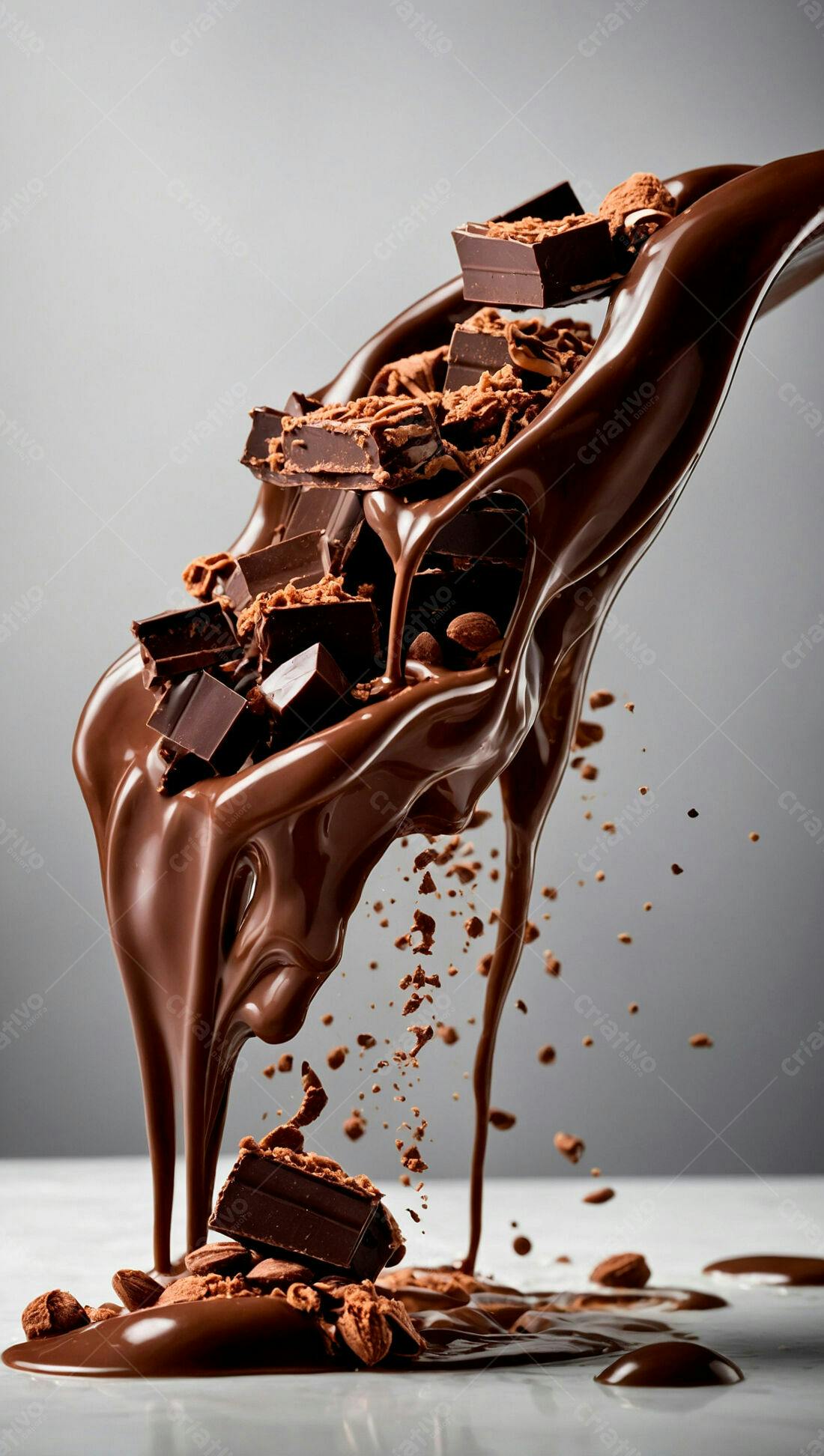 Chocolate derretendo com pedaços e amêndoas