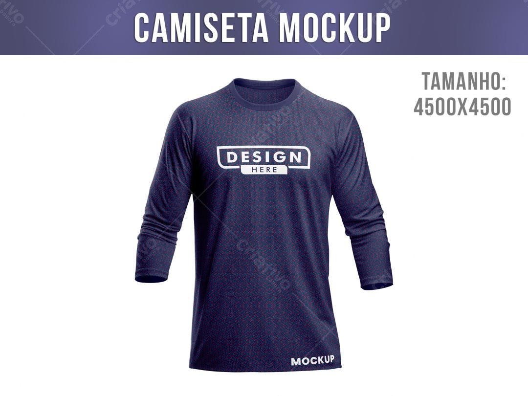 Mockup Camiseta Manga Longa Azul Marinho com Padronagem Discreta