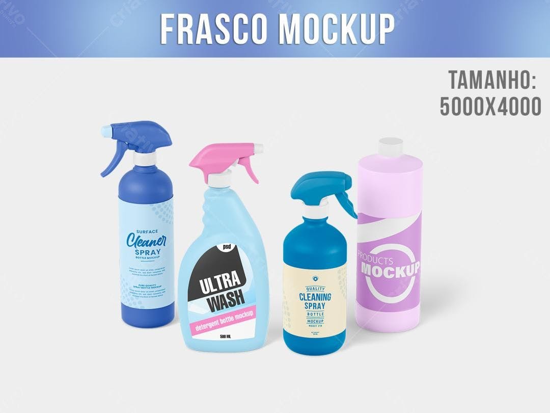 Mockup de Frascos de Limpeza: Azul, Rosa e Lilás