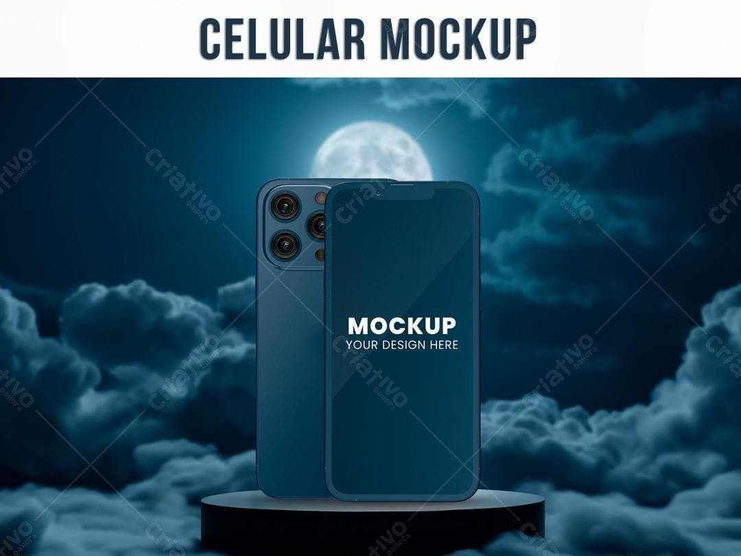 Mockup de Celular Noturno com Lua e Nuvens