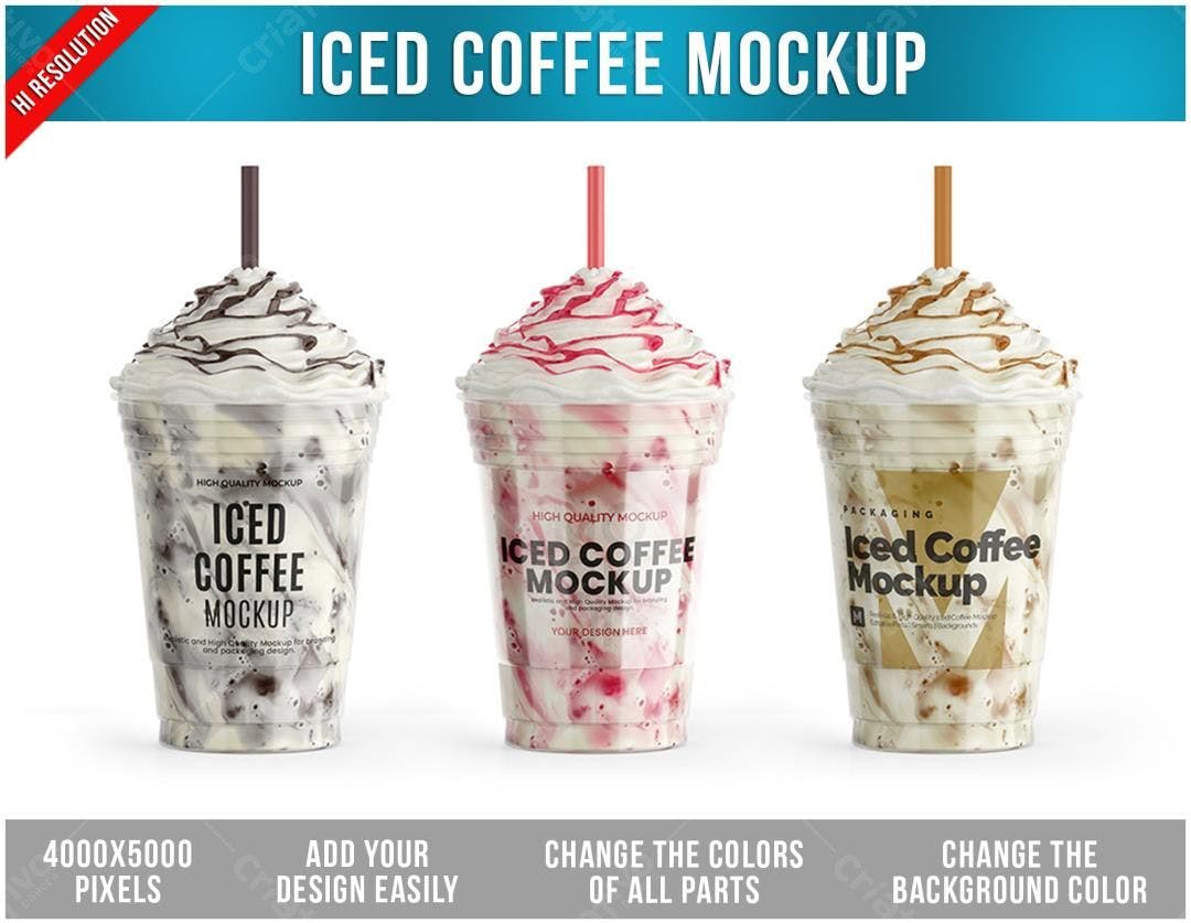 Mockup Realista de Copos de Café Gelado com Chantilly