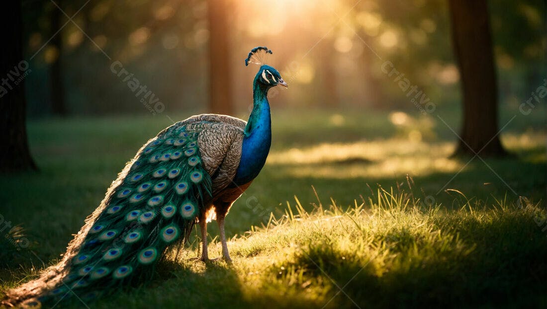 Pavão azul e verde no gramado ao entardecer