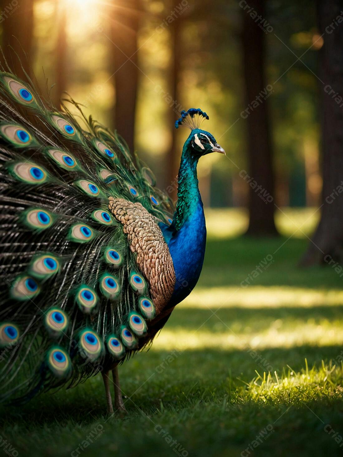 Pavão azul exibindo sua cauda em parque ensolarado