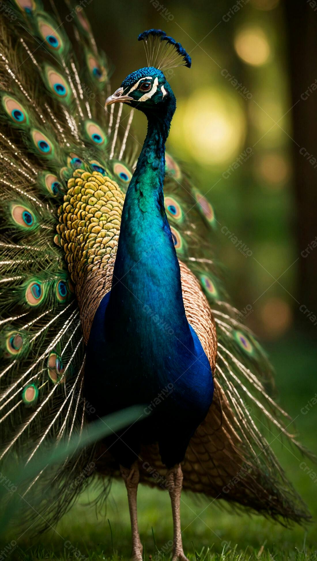 Pavão com cauda aberta em verde
