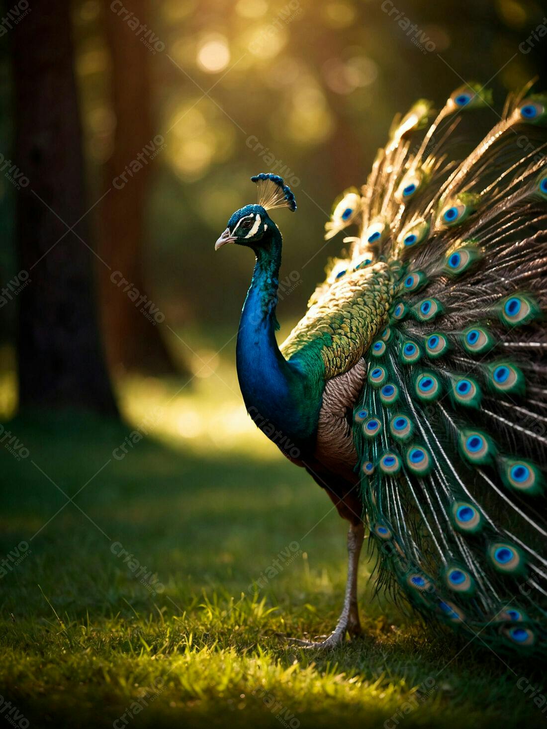 Pavão exibindo sua cauda em jardim ao entardecer