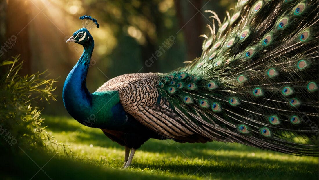 Pavão exibindo sua plumagem em jardim