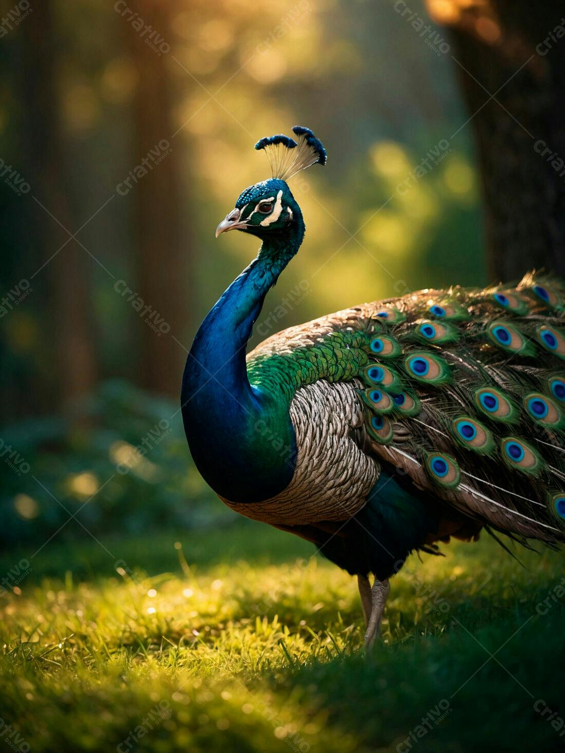 Pavão azul em jardim iluminado pelo sol