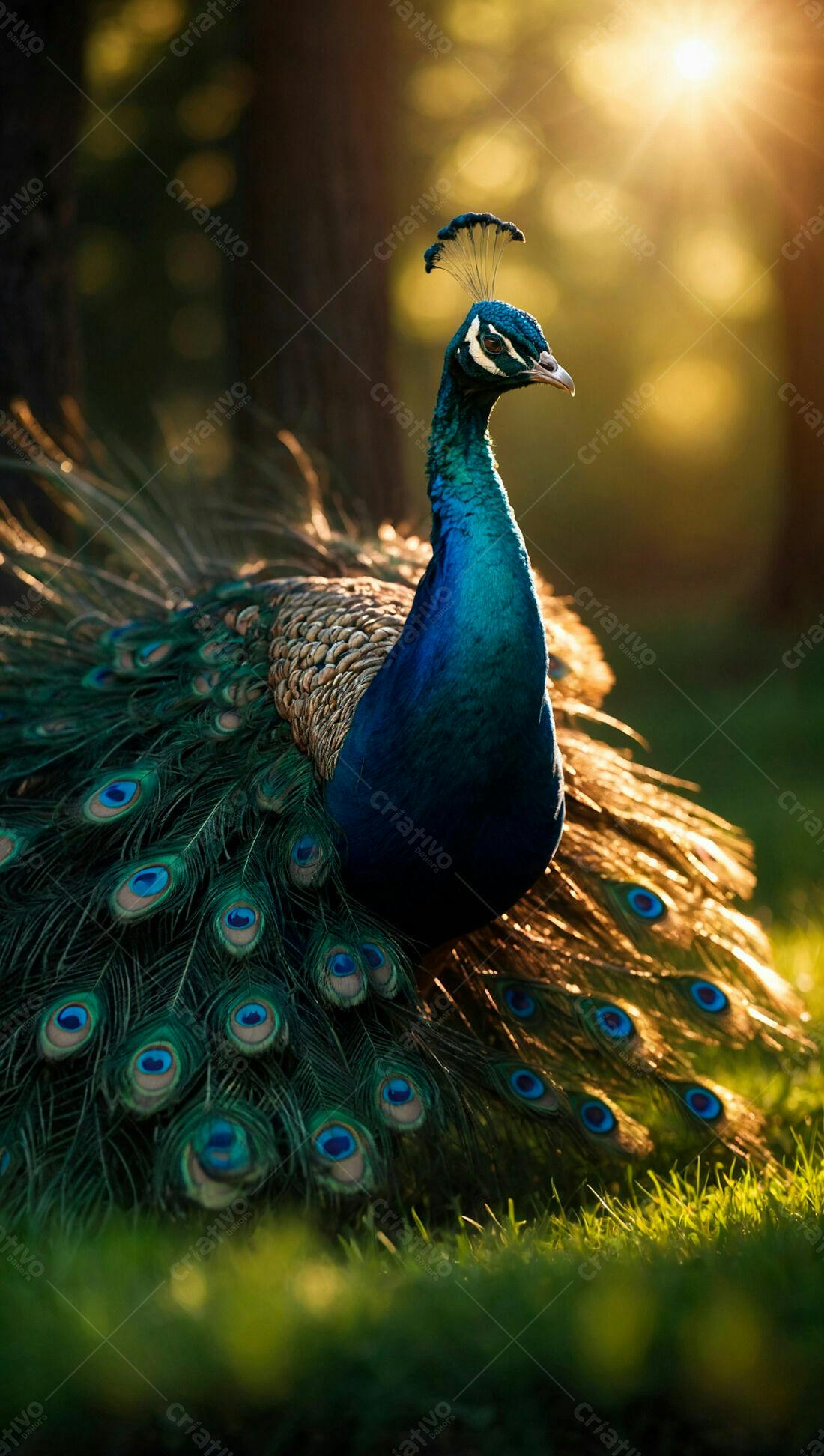 Pavão azul no gramado ao pôr do sol