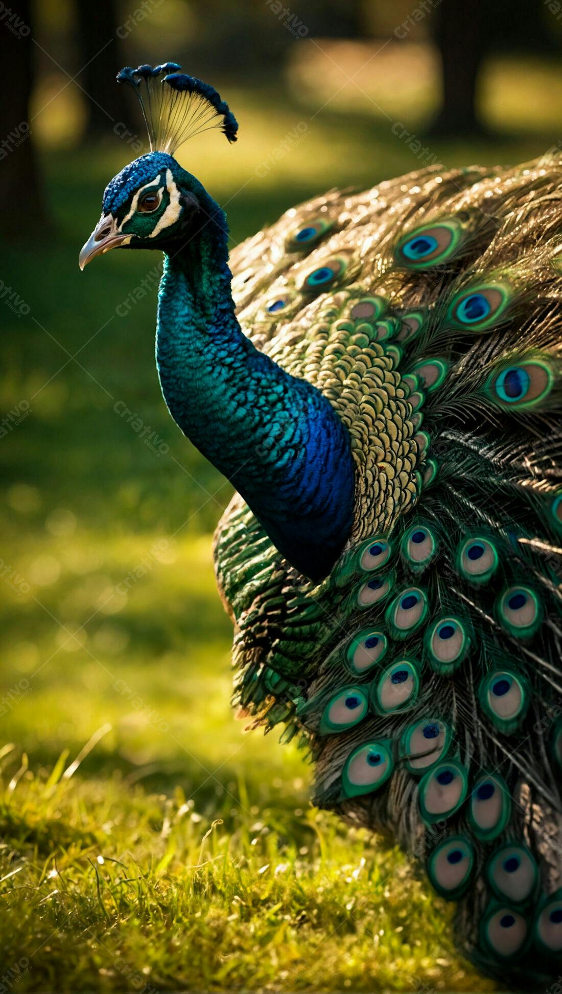 Pavão azul e verde em gramado ensolarado